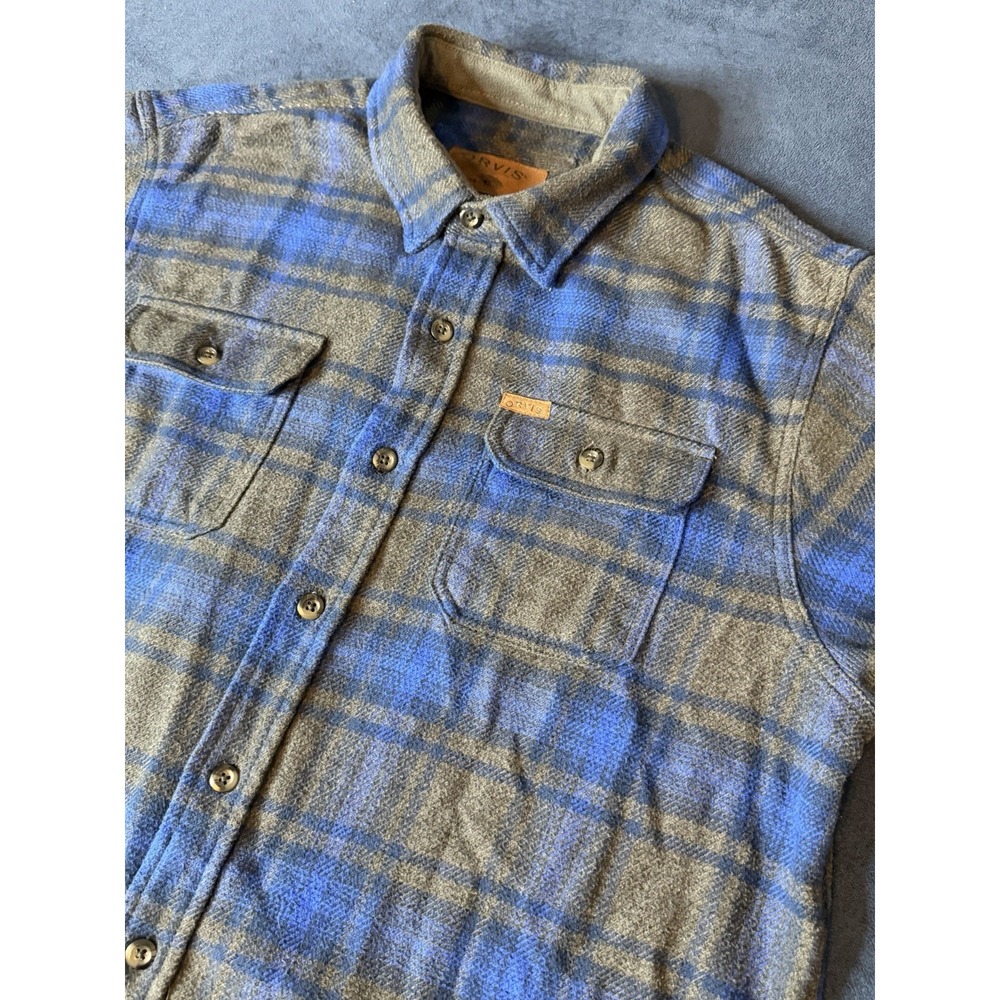 Orvis Heavyweight Plaid Navy Flannel Shirt Jacket Mens L Navy Blue Hand Pockets